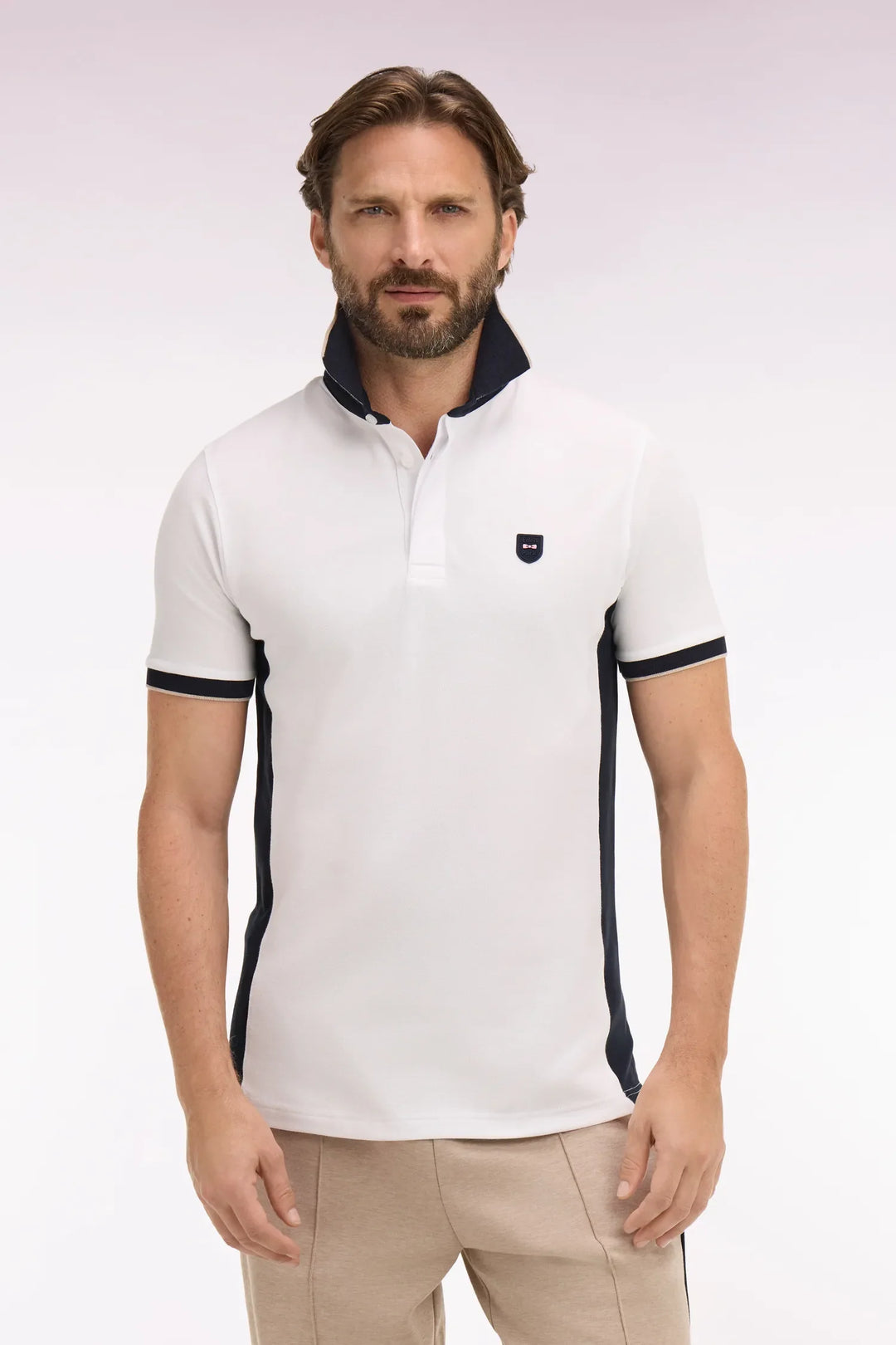 Slim Cut Short-Sleeved Polo Shirt in White Cotton and Navy Cutouts