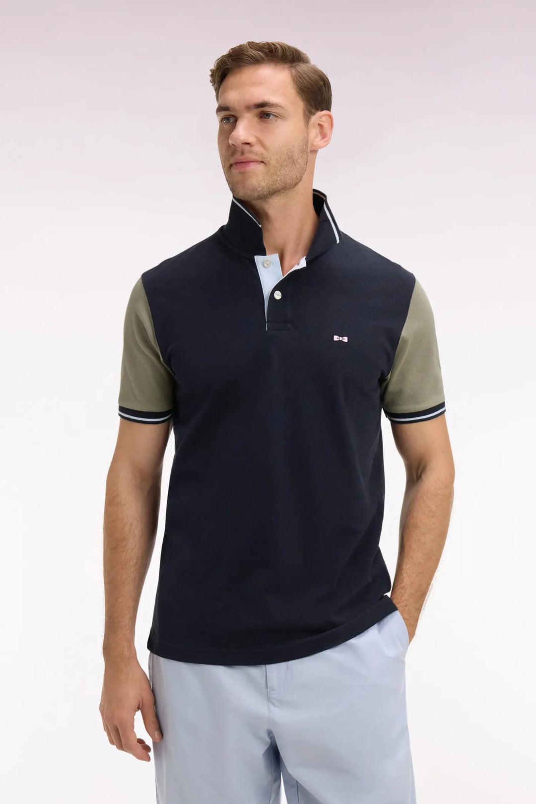 Short-Sleeved Polo Shirt in Navy and Khaki Cotton