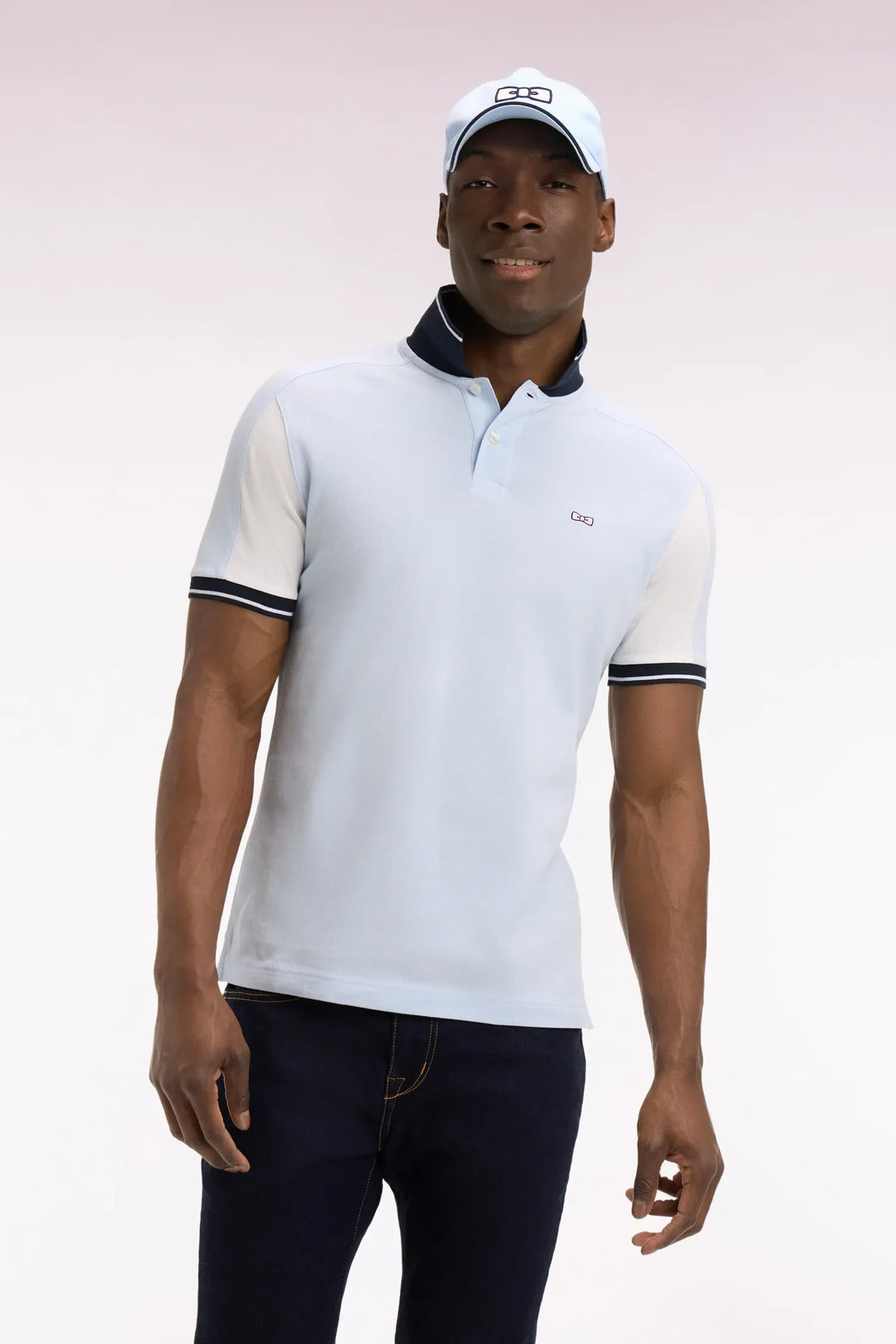 Short-Sleeved Polo Shirt in Sky Blue Embroidered Cotton