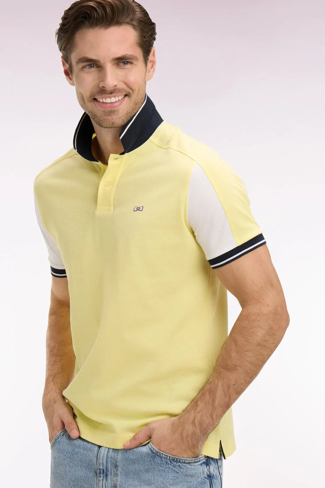 Light Yellow Embroidered Short-Sleeved Cotton Polo Shirt