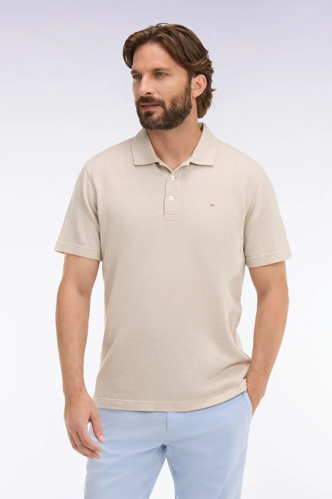 Short-Sleeved Regular Fit Polo Shirt in Ecru Oxford