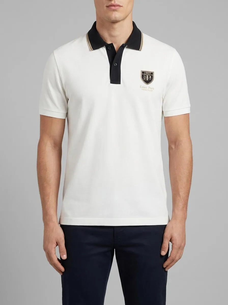 Short-Sleeved Polo Shirt in Ecru Cotton Piqué with EP Logo
