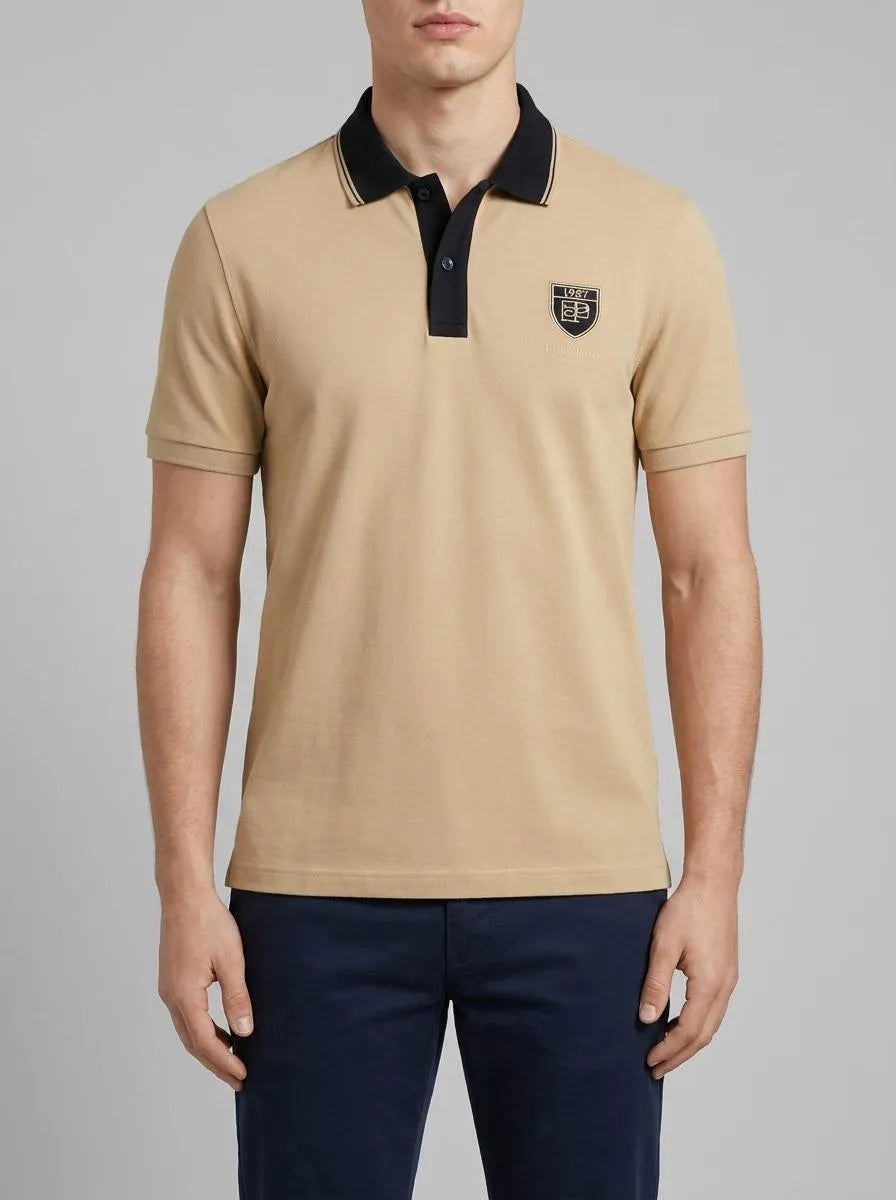Short-Sleeved Polo Shirt in Beige Cotton Piqué with EP Logo