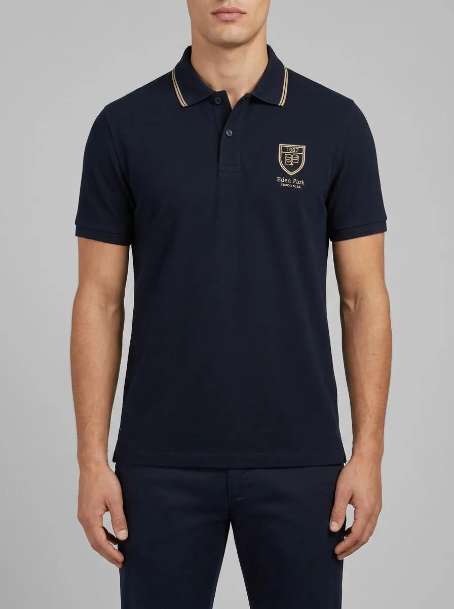 Short-Sleeved Polo Shirt in Navy Cotton Piqué with EP Logo