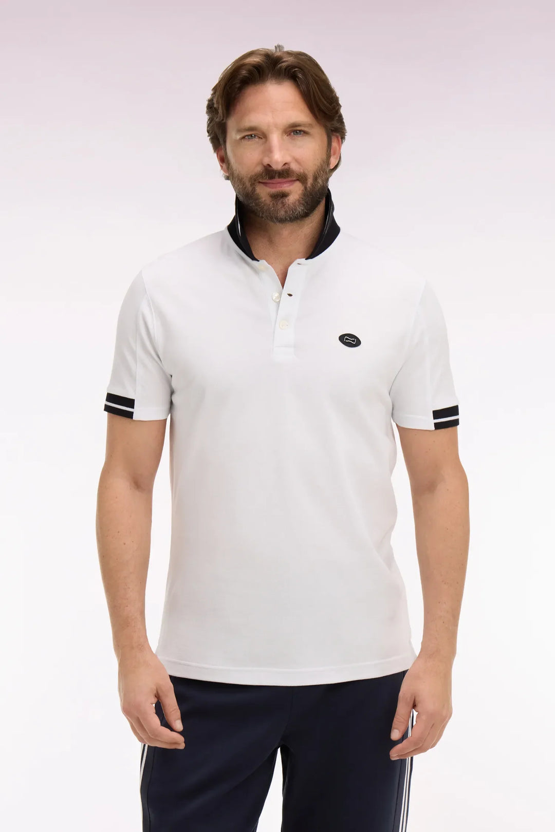 Short-Sleeved Polo Shirt in White Cotton Pique with Navy Details