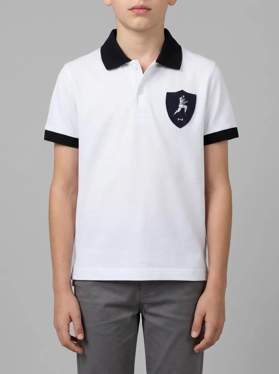Short-Sleeved Polo Shirt in White Cotton Jersey with Rugby Crest