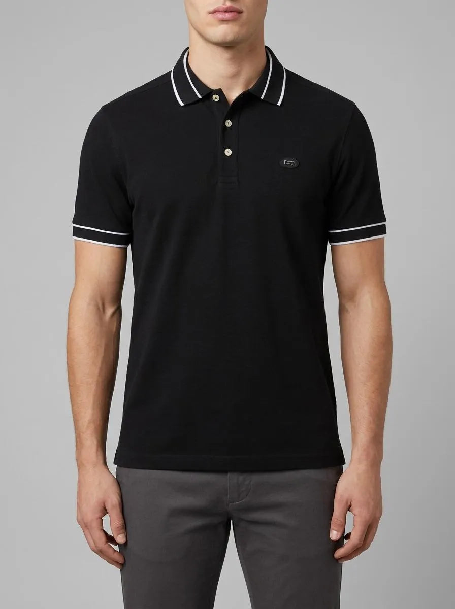 Short-Sleeved Polo Shirt in Black Cotton Piqué