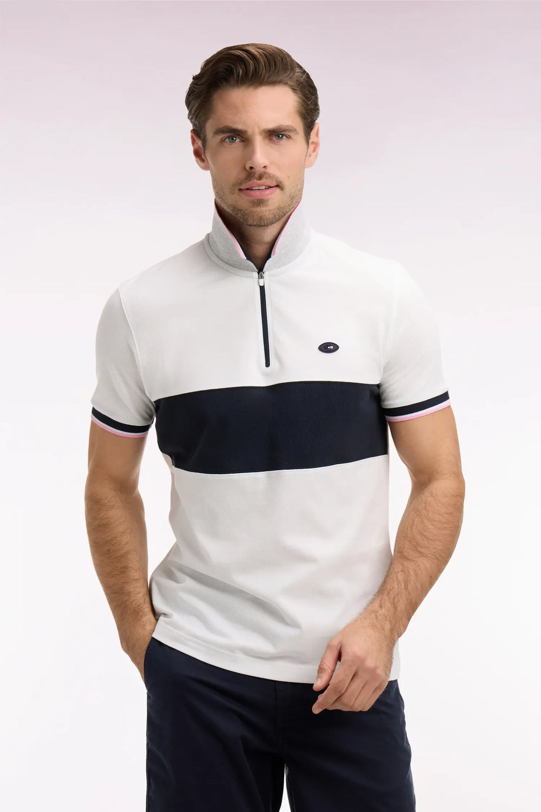 Short-Sleeved French National Rugby Team Polo Shirt in White Cotton Piqué with Navy Blue Trim