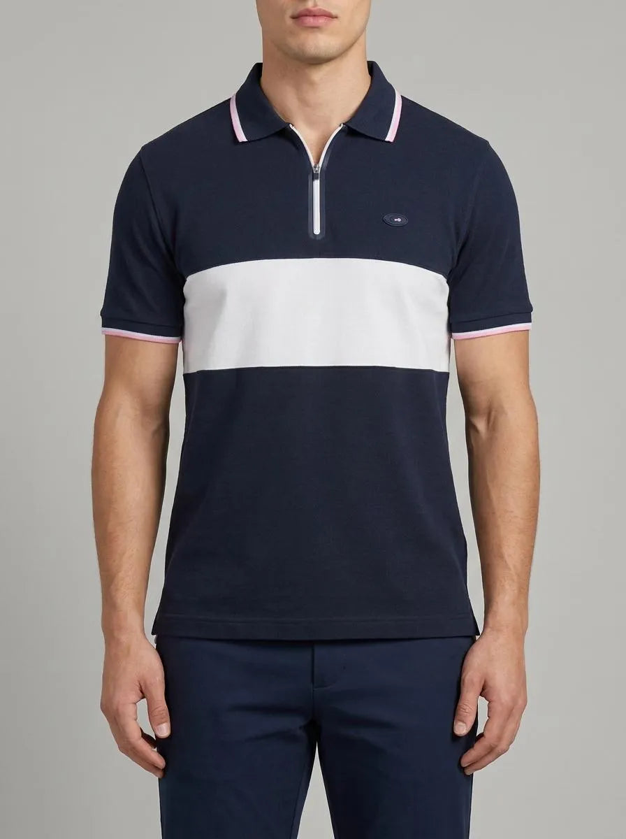 Short-Sleeved France XV Polo Shirt in Navy Cotton Piqué with White Cutouts