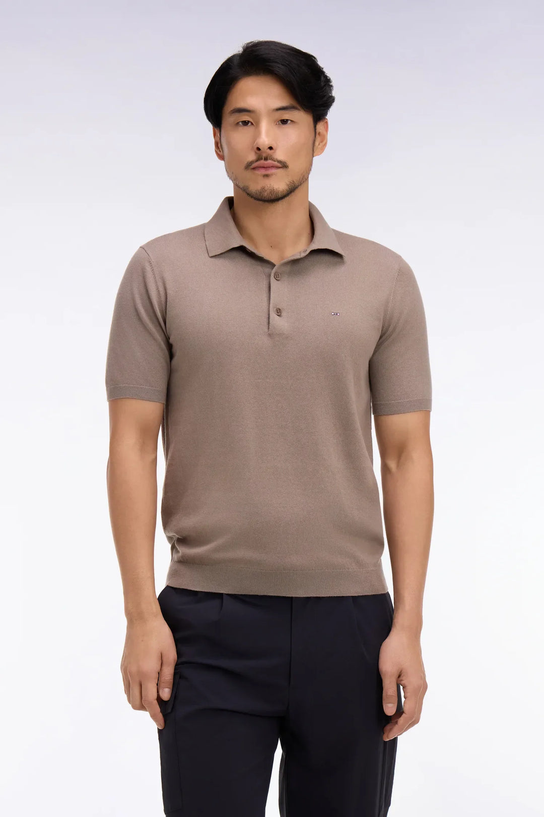 Beige Short-Sleeved Polo-Neck Sweater in A Cotton and Silk Blend