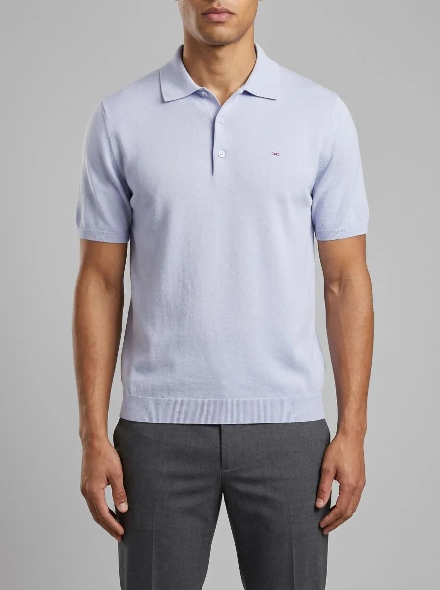 Sky Blue Short-Sleeved Polo-Neck Sweater in Cotton and Silk Blend