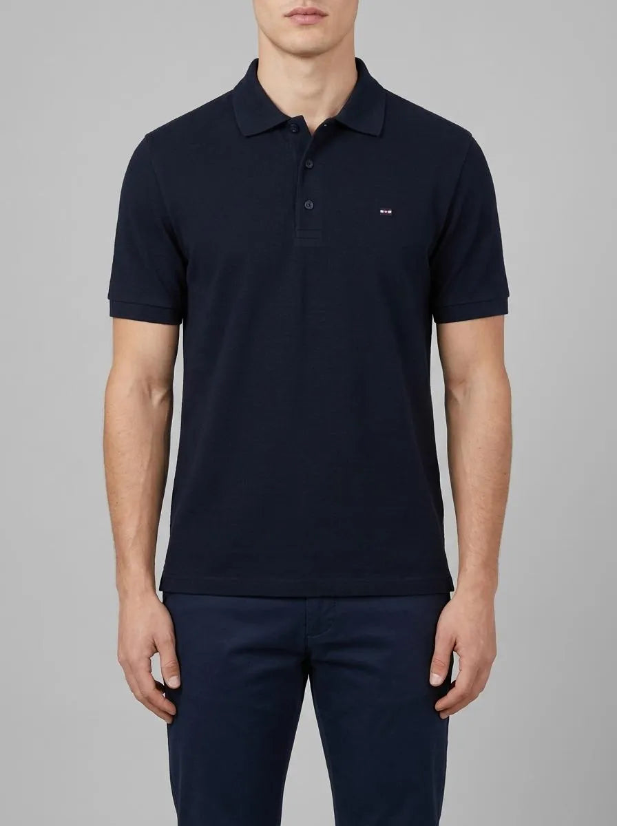Navy Blue Short-Sleeved Polo Collar Sweater in Cotton and Silk Blend