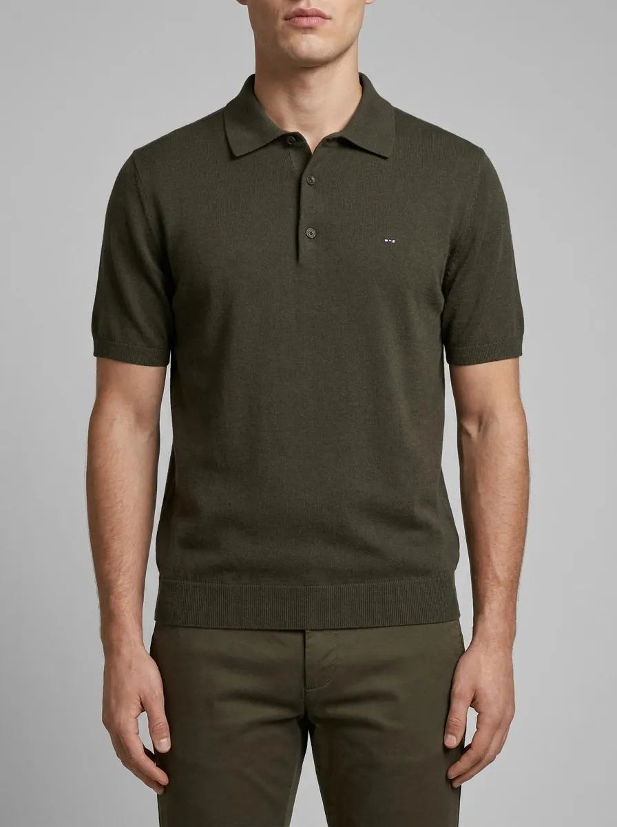 Khaki Short-Sleeved Polo-Neck Sweater in A Cotton and Silk Blend