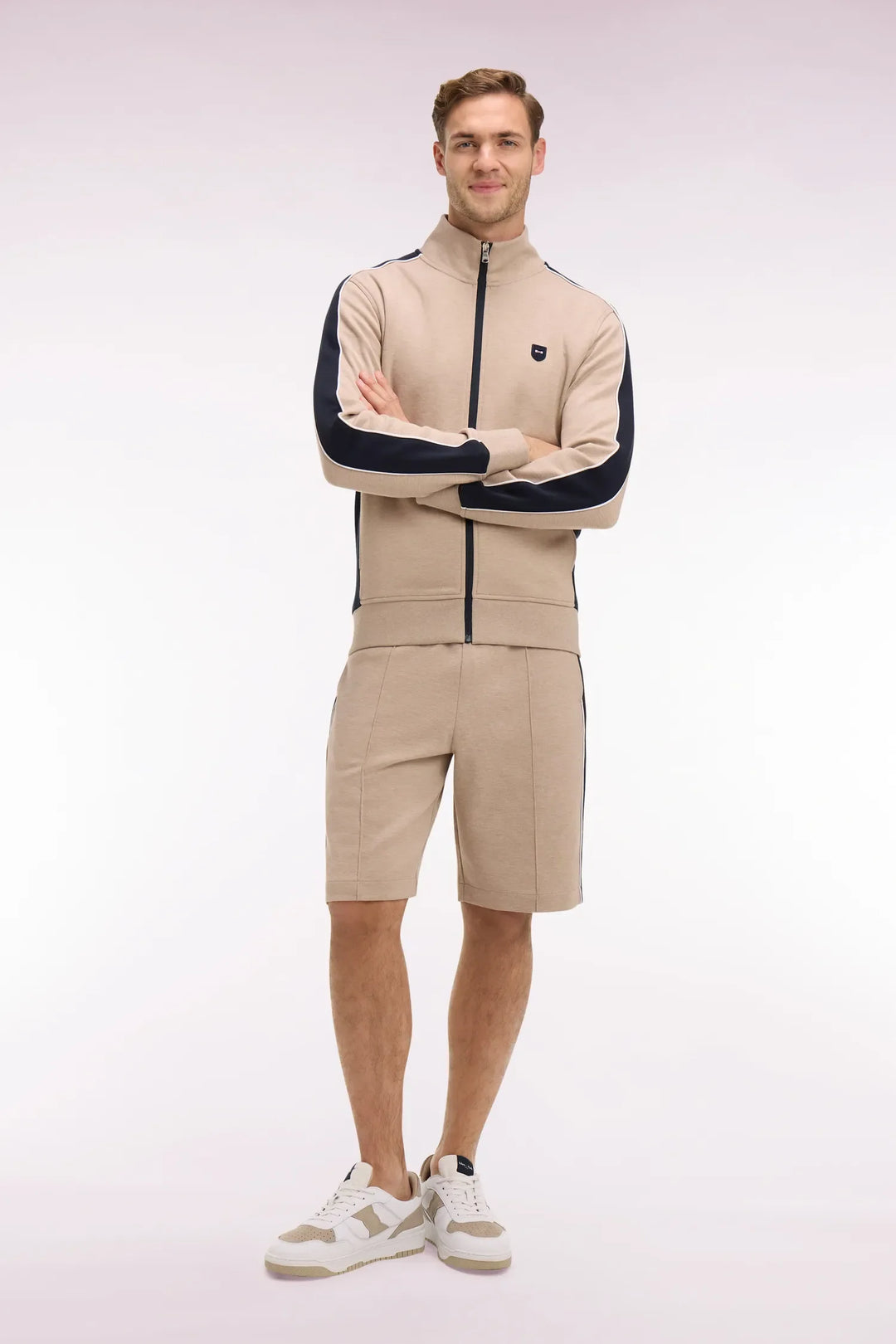 Beige and Navy Cutout Interlock Shorts