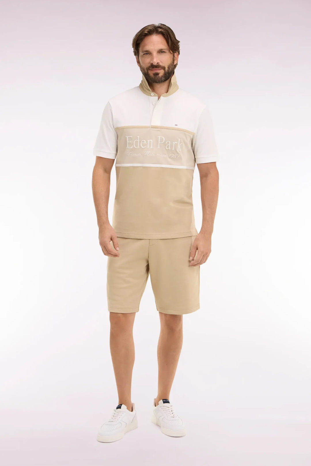 Beige Cotton Fleece Shorts with Coat of Arms Embroidery