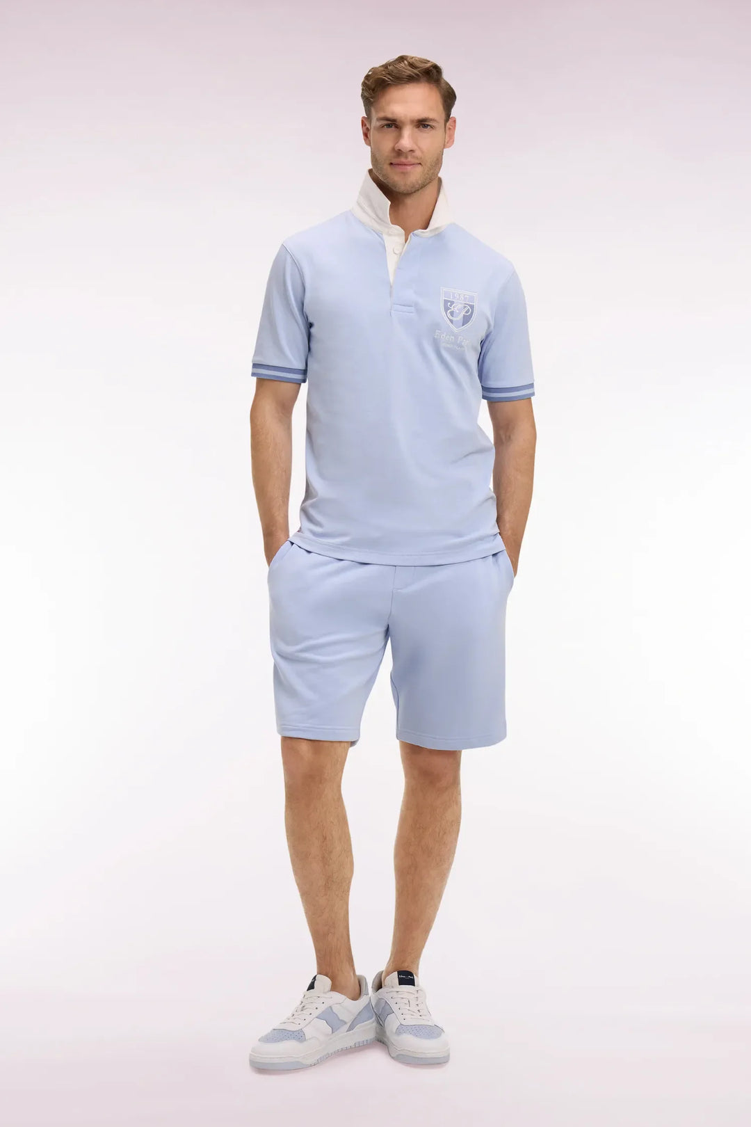 Sky Blue Cotton Fleece Shorts with Embroidered Crest