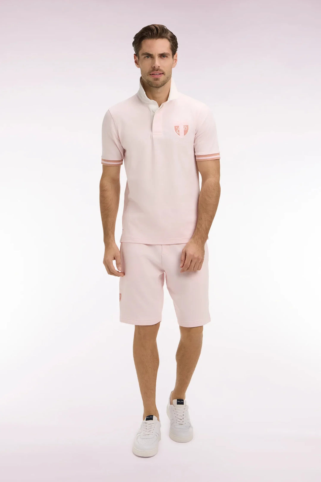 Pink Cotton Fleece Shorts with Embroidered Crest