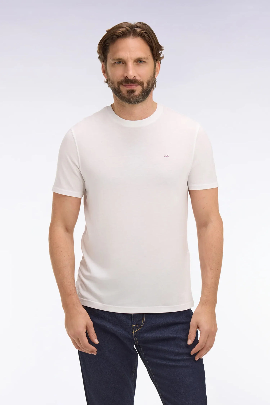 Regular Fit Short-Sleeved White Lyocell and Cotton T-Shirt