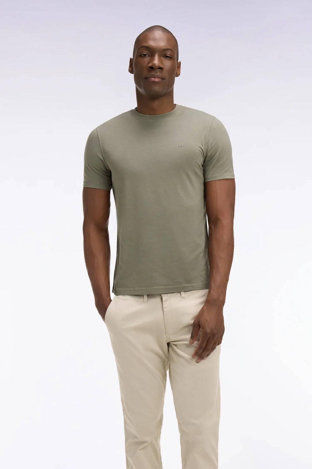 Regular Fit Short-Sleeved Khaki Lyocell and Cotton T-Shirt