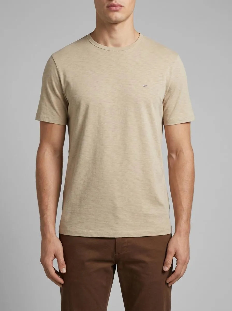 Short-Sleeved T-Shirt in Beige Slub Cotton Jersey