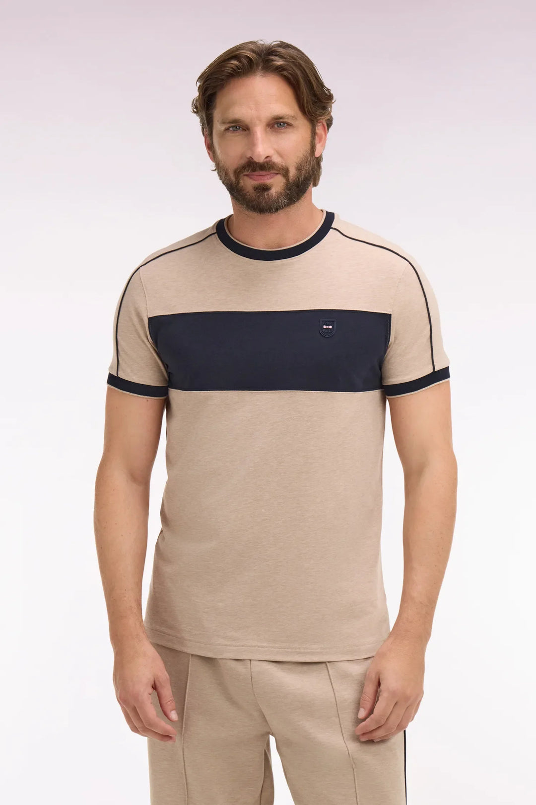Short-Sleeved Beige Stretch Cotton T-Shirt with Slim-Fit Cutouts