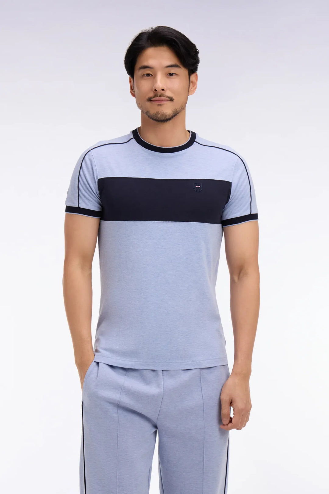 Short-Sleeved Slim-Fit Stretch Cotton T-Shirt in Sky Blue with Cutouts