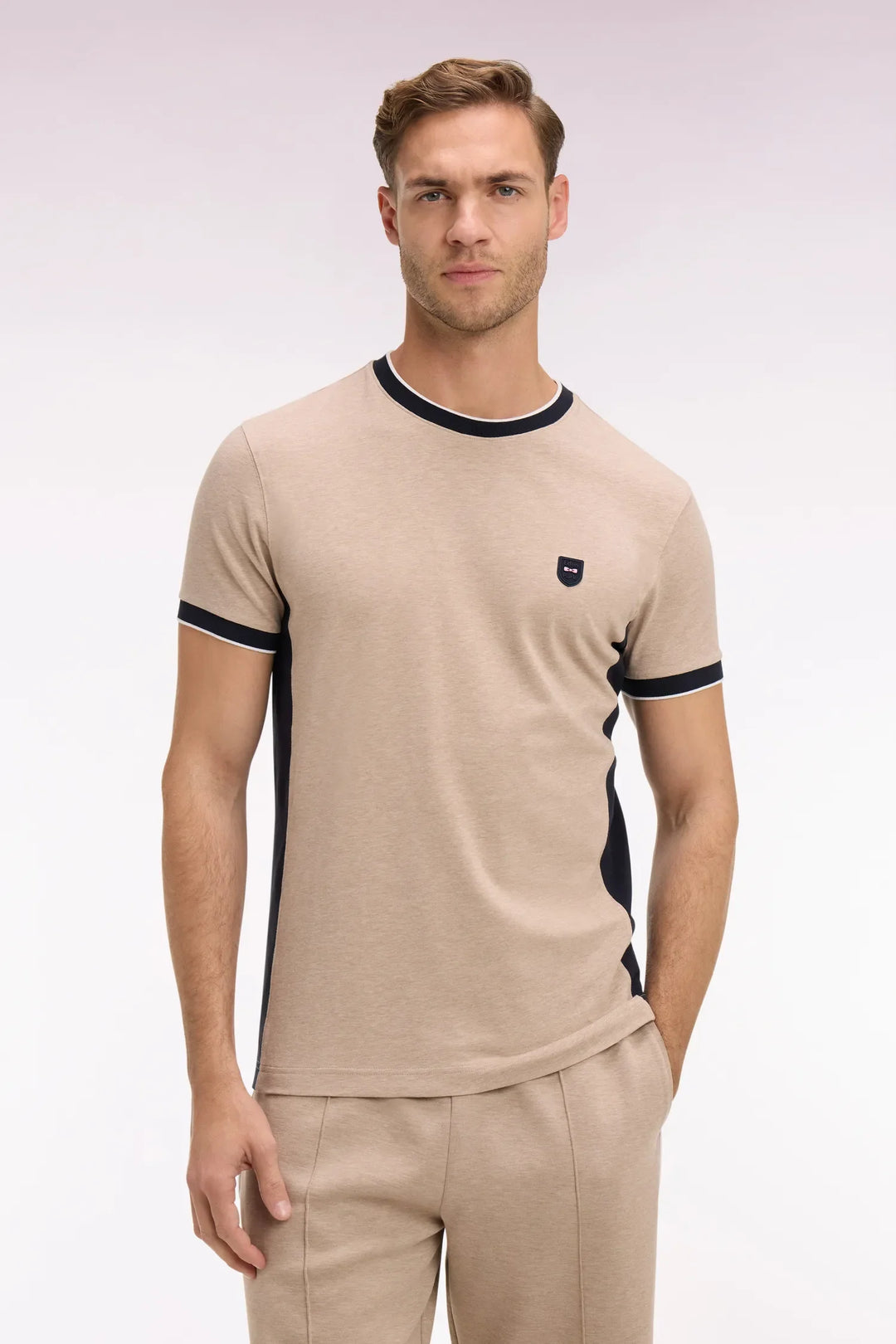 Short-Sleeved Beige Stretch Cotton T-Shirt with Slim-Fit Cutouts