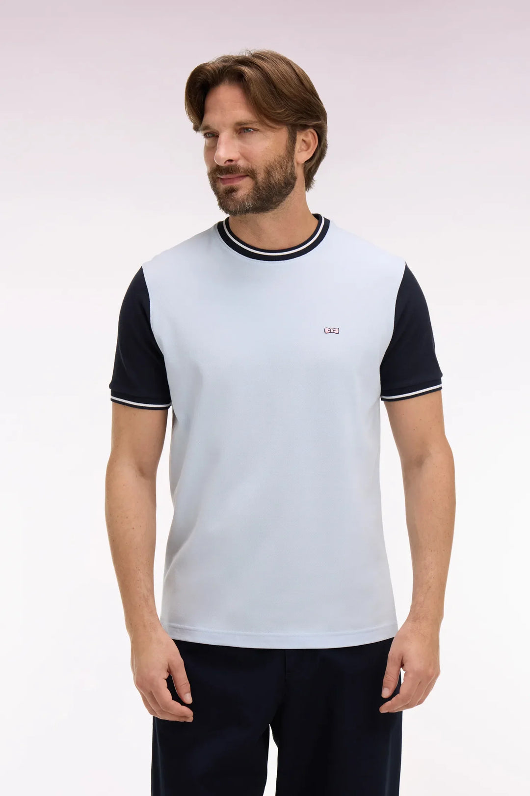 Short-Sleeved Regular Fit Two-Tone Sky Blue Cotton T-Shirt with Embroidery