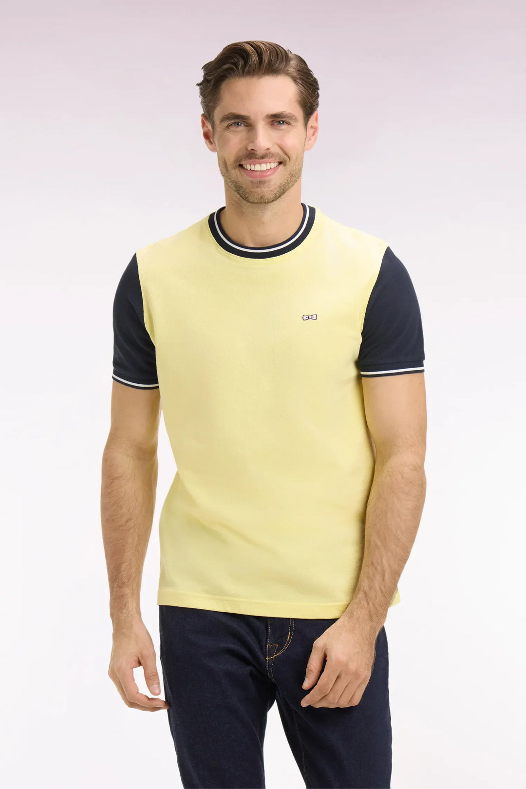 Short-Sleeved Regular Fit Two-Tone Yellow Cotton T-Shirt with Embroidery