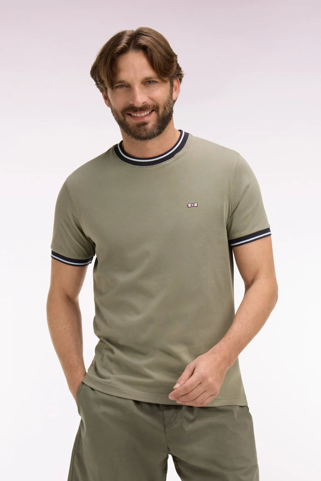Regular Fit Short-Sleeved Khaki Embroidered Cotton T-Shirt