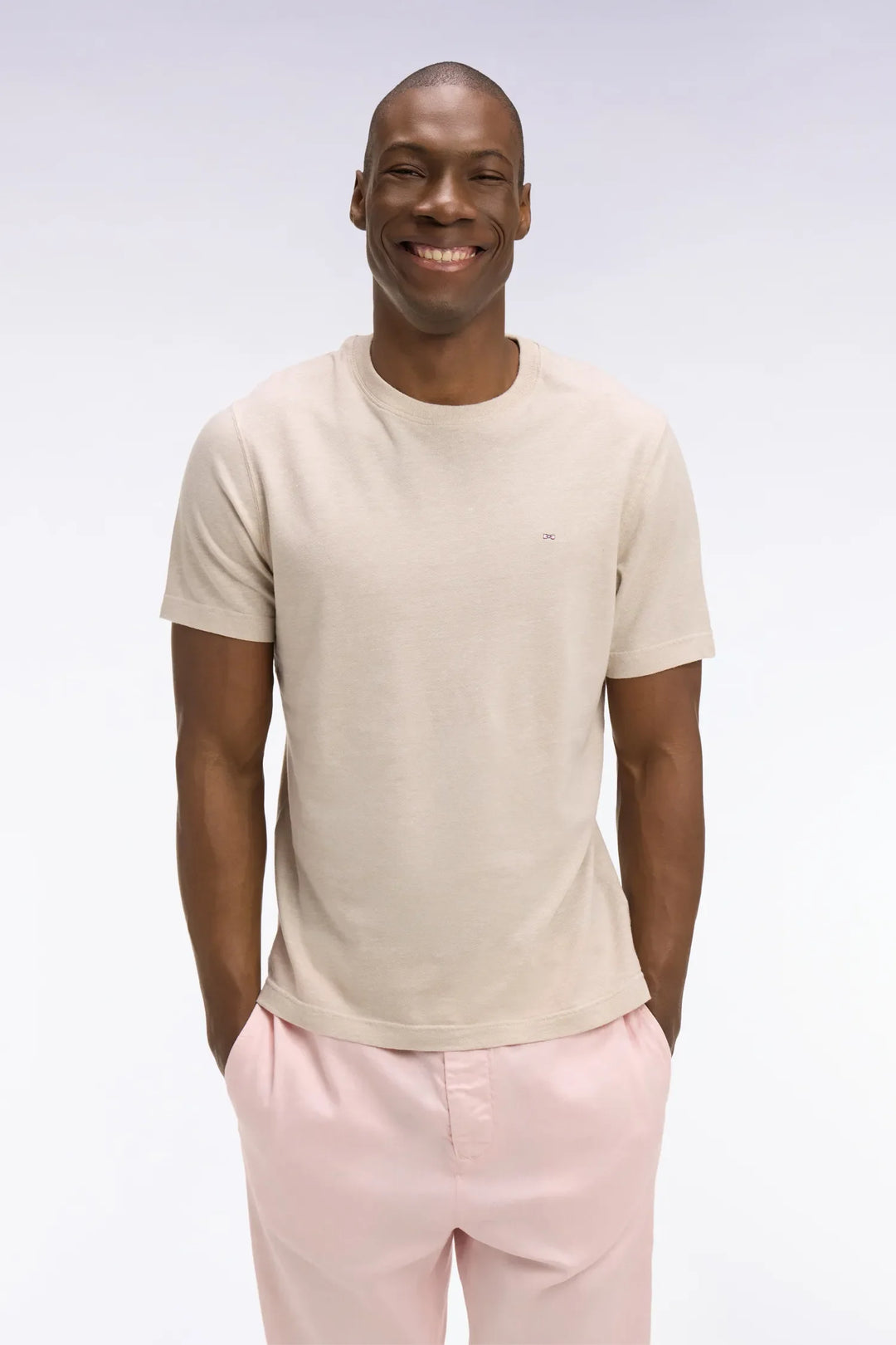 Short-Sleeved Regular-Fit Beige Cotton and Linen T-Shirt