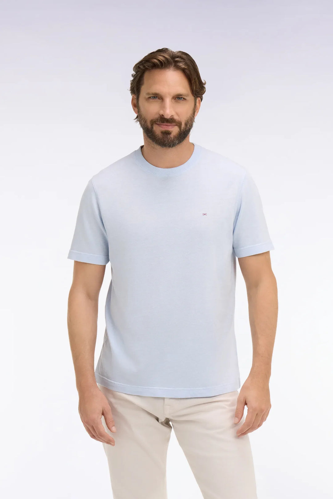 Sky Blue Short-Sleeved Regular Fit Cotton and Linen T-Shirt