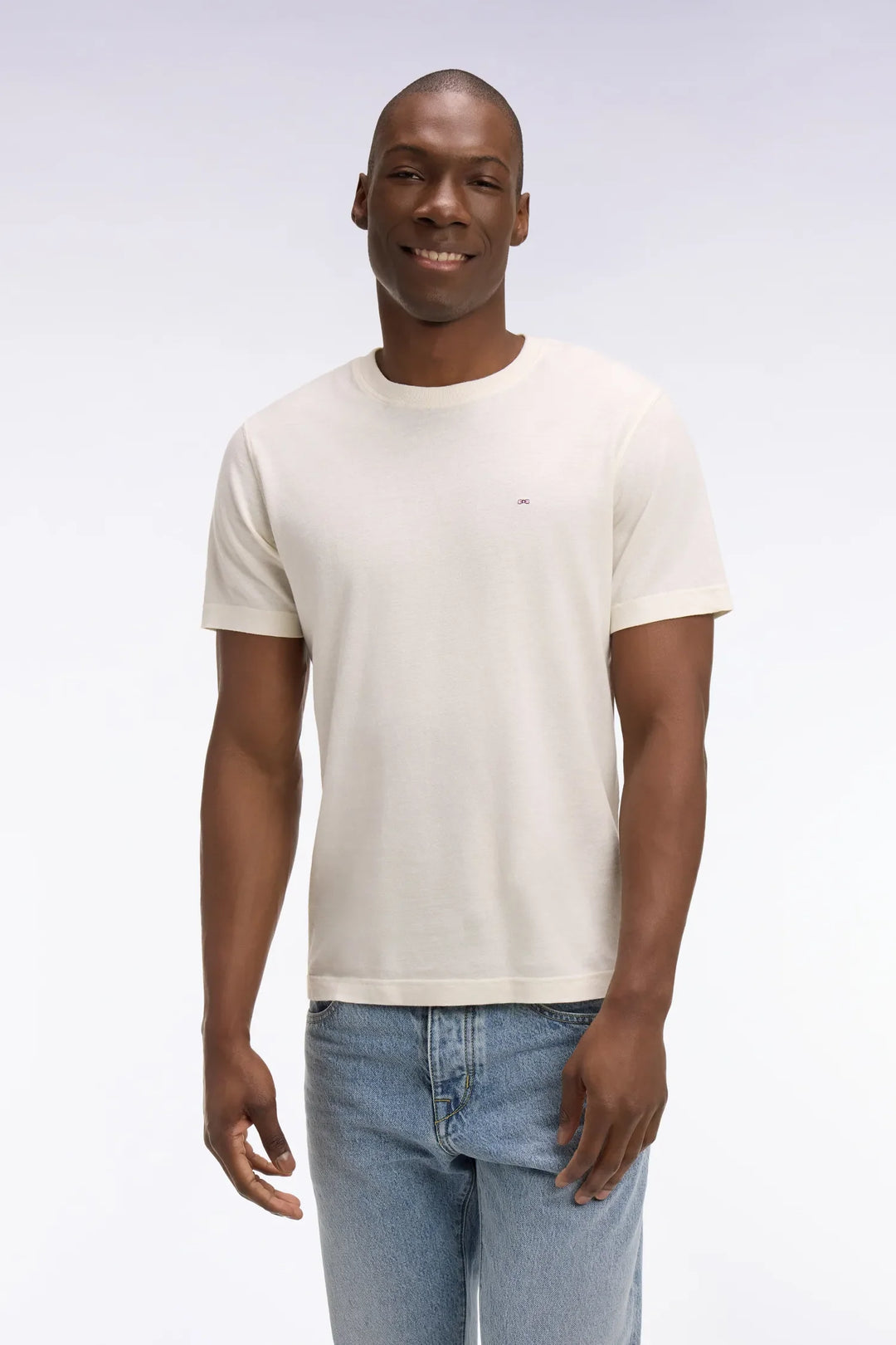 Regular Fit Short-Sleeved T-Shirt in Ecru Cotton and Linen