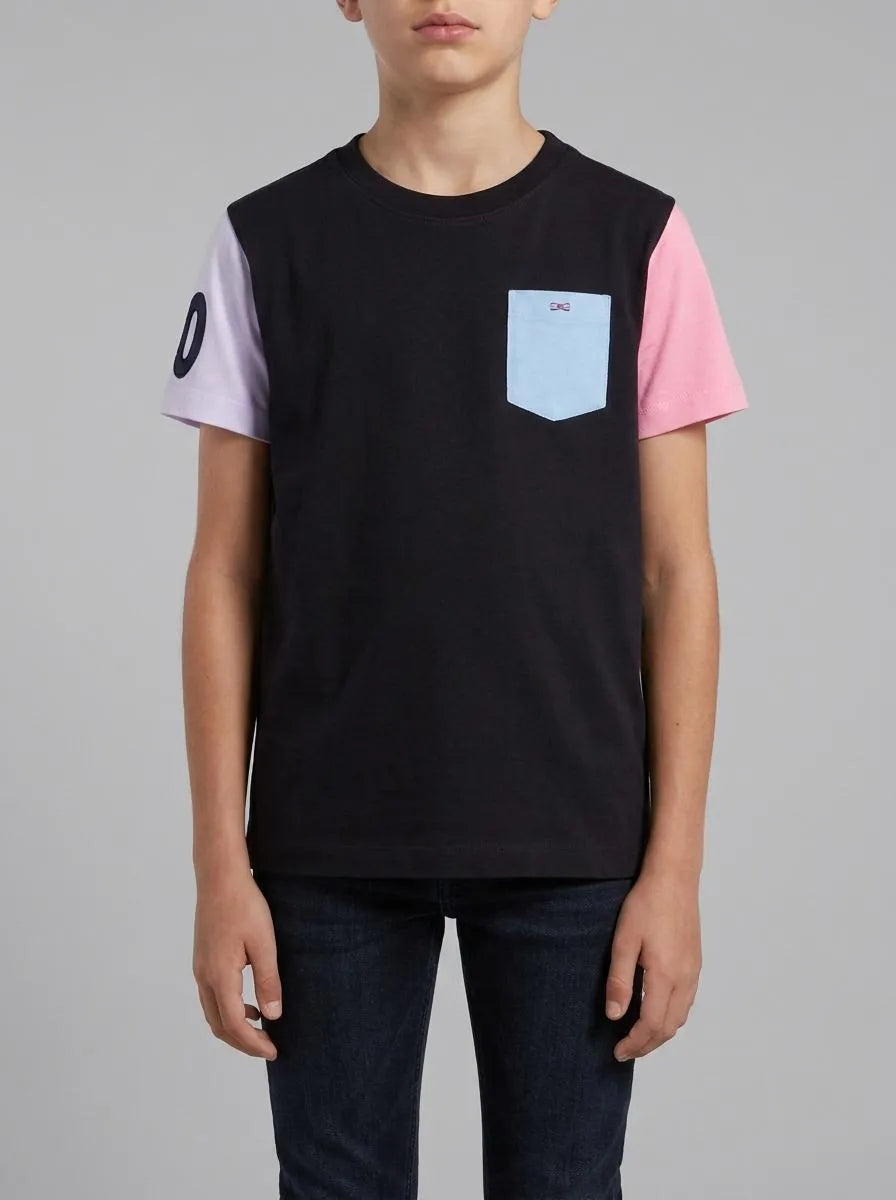 Short-Sleeved Navy Cotton T-Shirt with Two-Tone Sleeves
