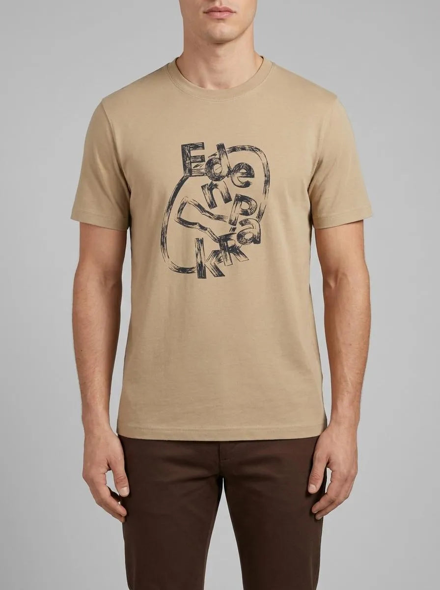 Short-Sleeved Beige Cotton T-Shirt with Screen Print