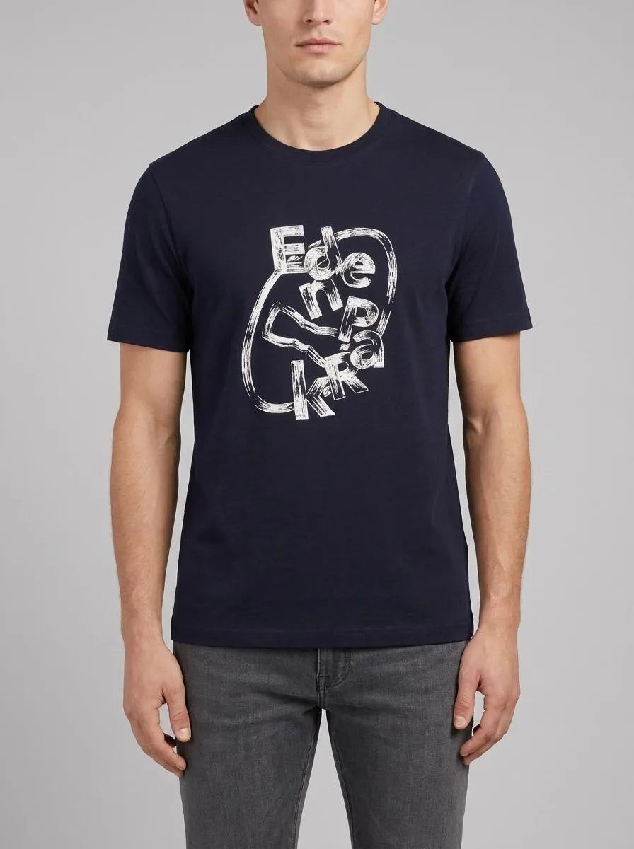 Short-Sleeved Navy Cotton T-Shirt with Screen Print