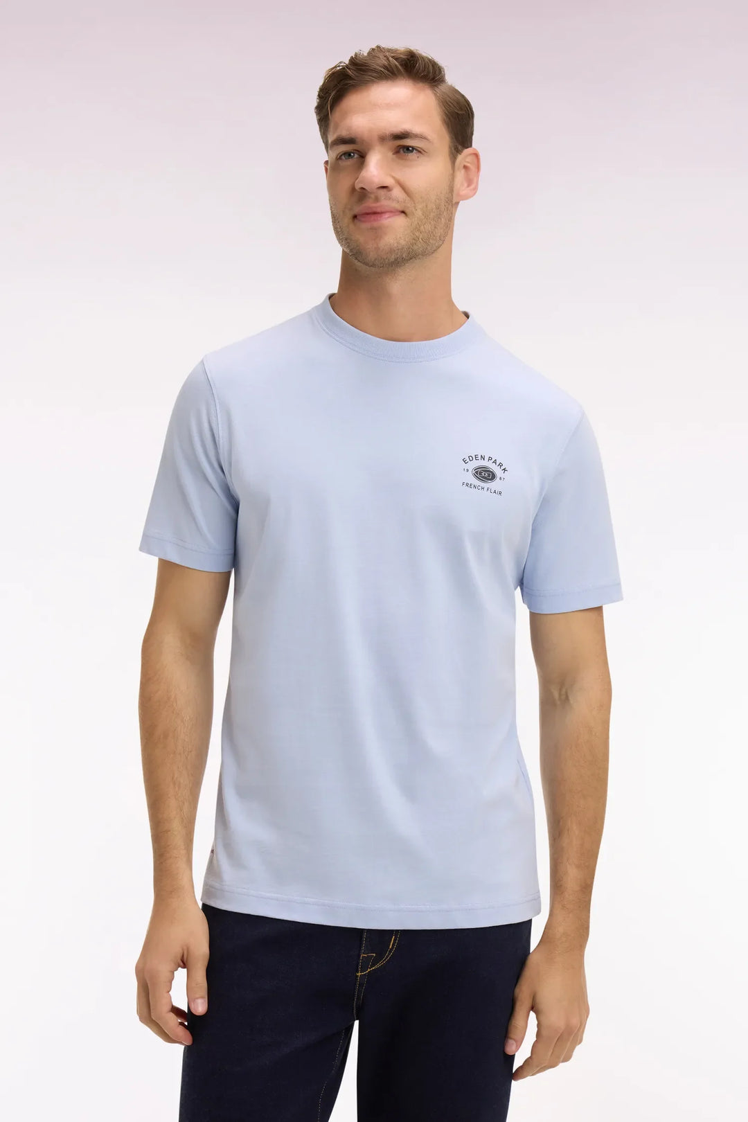 Sky Blue Regular Fit Short-Sleeved Screen-Printed T-Shirt