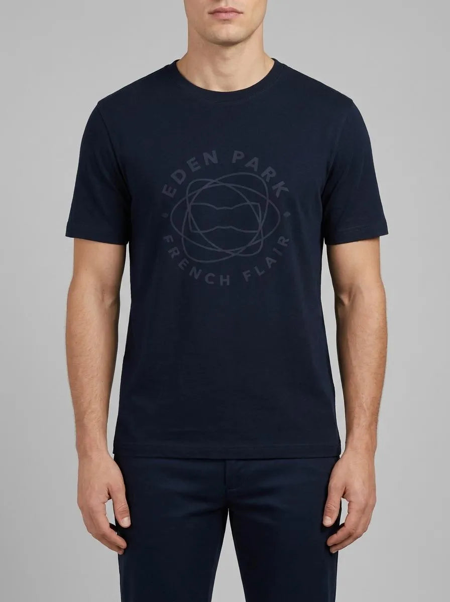 Short-Sleeved Navy Cotton T-Shirt with Screen Print