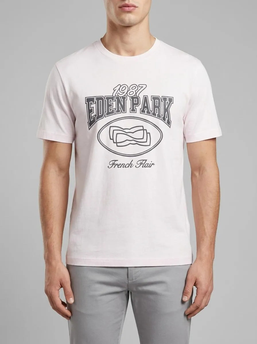 Short-Sleeved T-Shirt in Ecru Cotton with Navy Screen Print