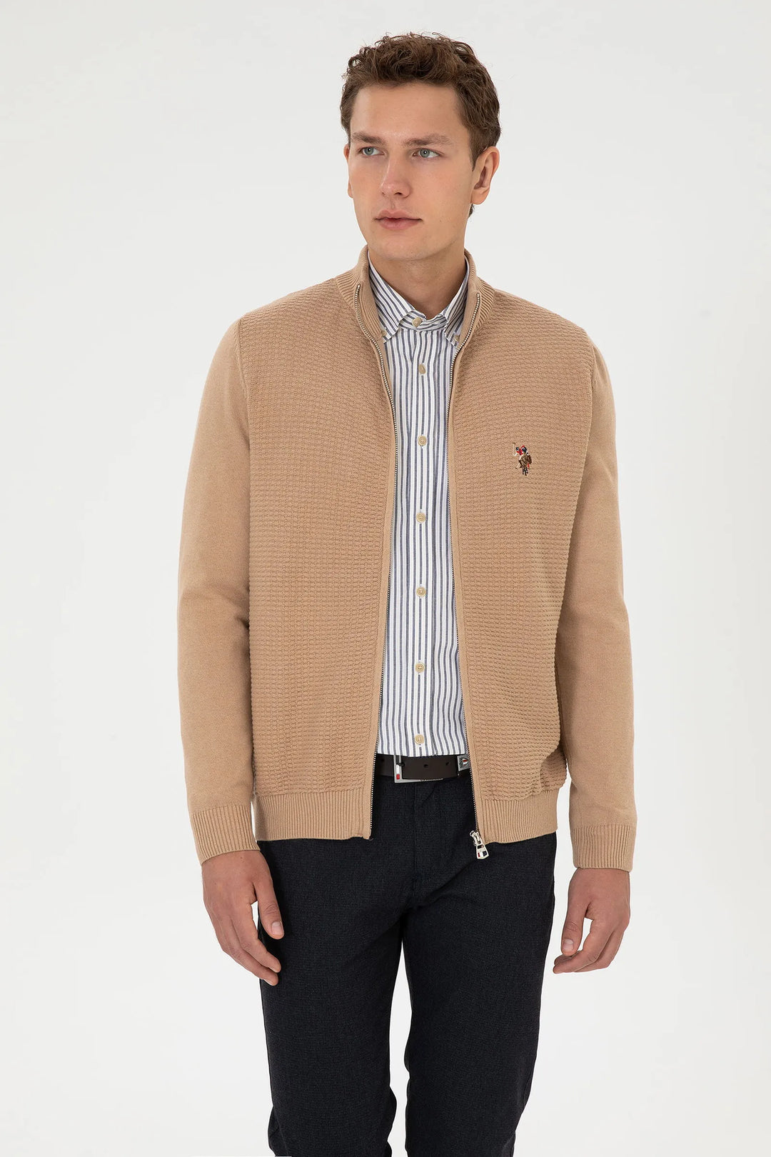 Camel Melange Zip Up Cardigan