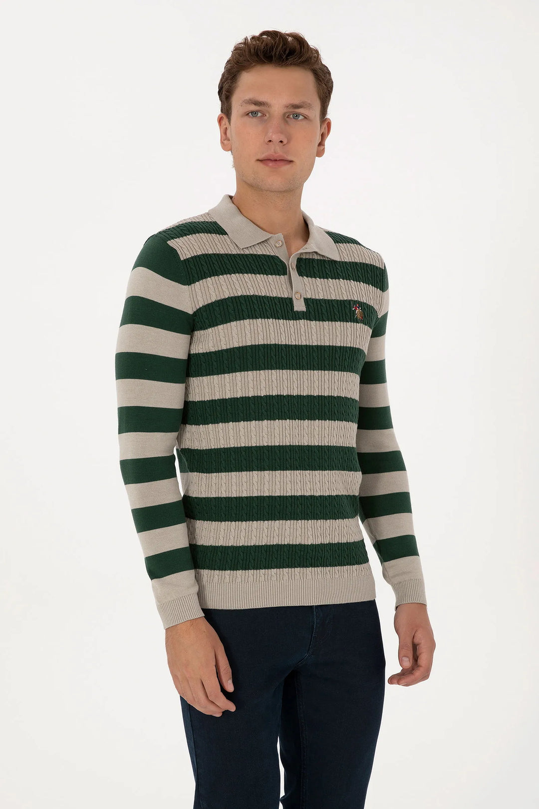 Stone Melange Long Sleeve Polo Shirt