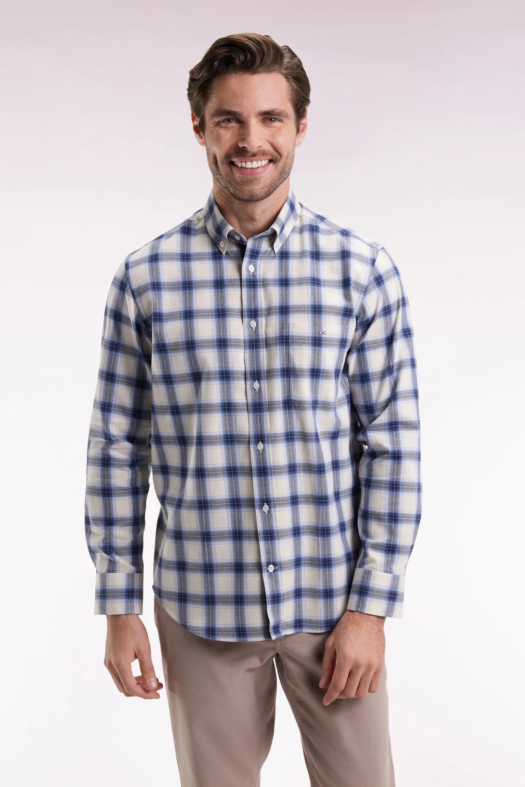 Straight Cut Sky Cotton Plaid Shirt