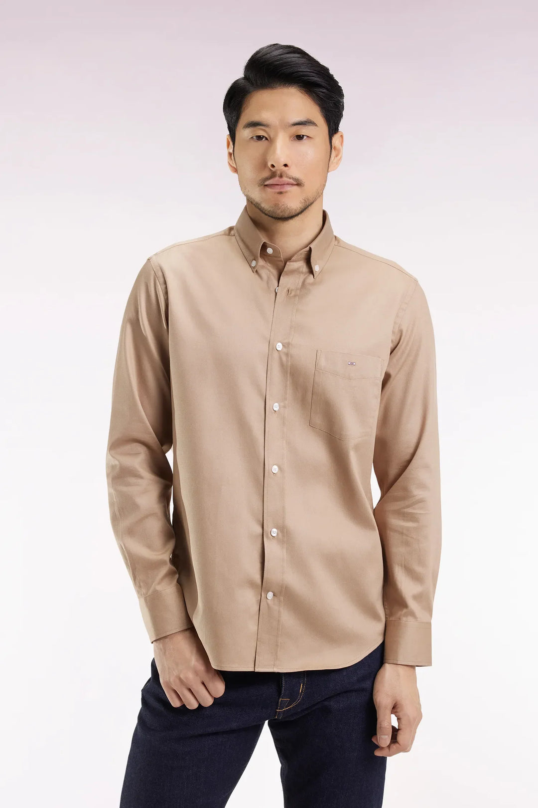 Beige Cotton Piqué Shirt with a Straight Cut