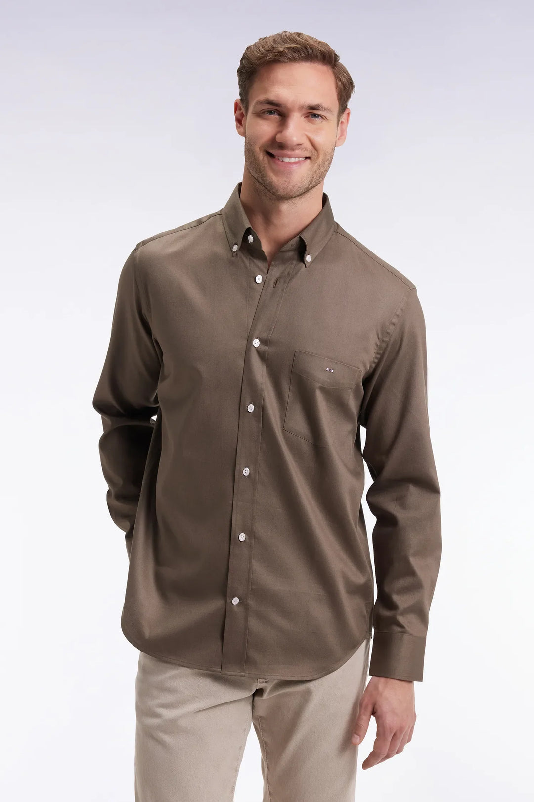 Straight-Cut Khaki Cotton Piqué Shirt