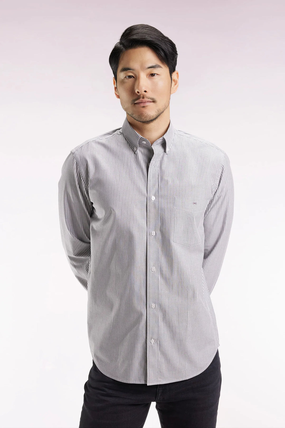 Striped Navy Cotton Shirt with a Straight Cut