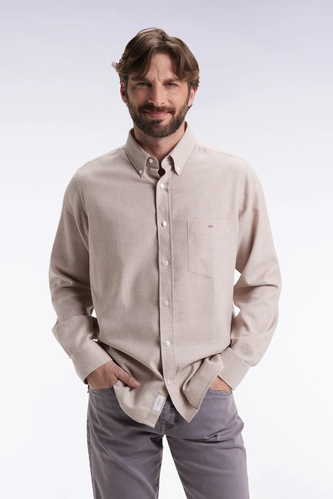 Beige Flannel Shirt Straight Cut