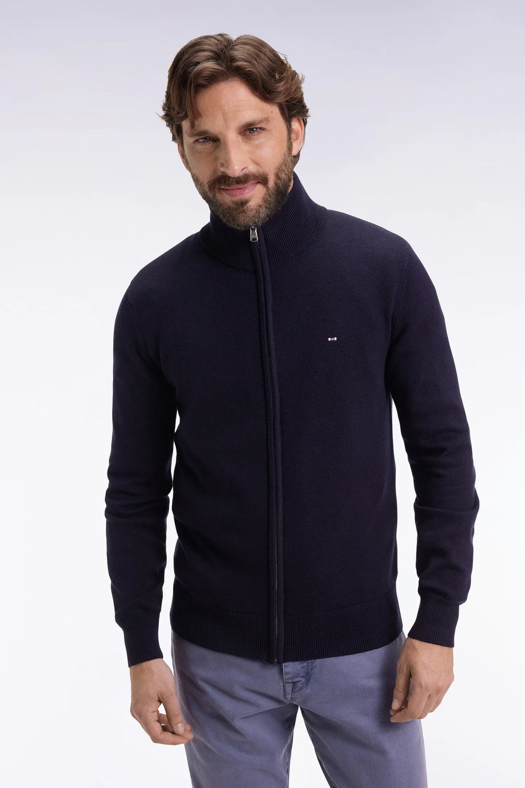 Zipped Cardigan in Wool and Navy Cotton Straight Cut