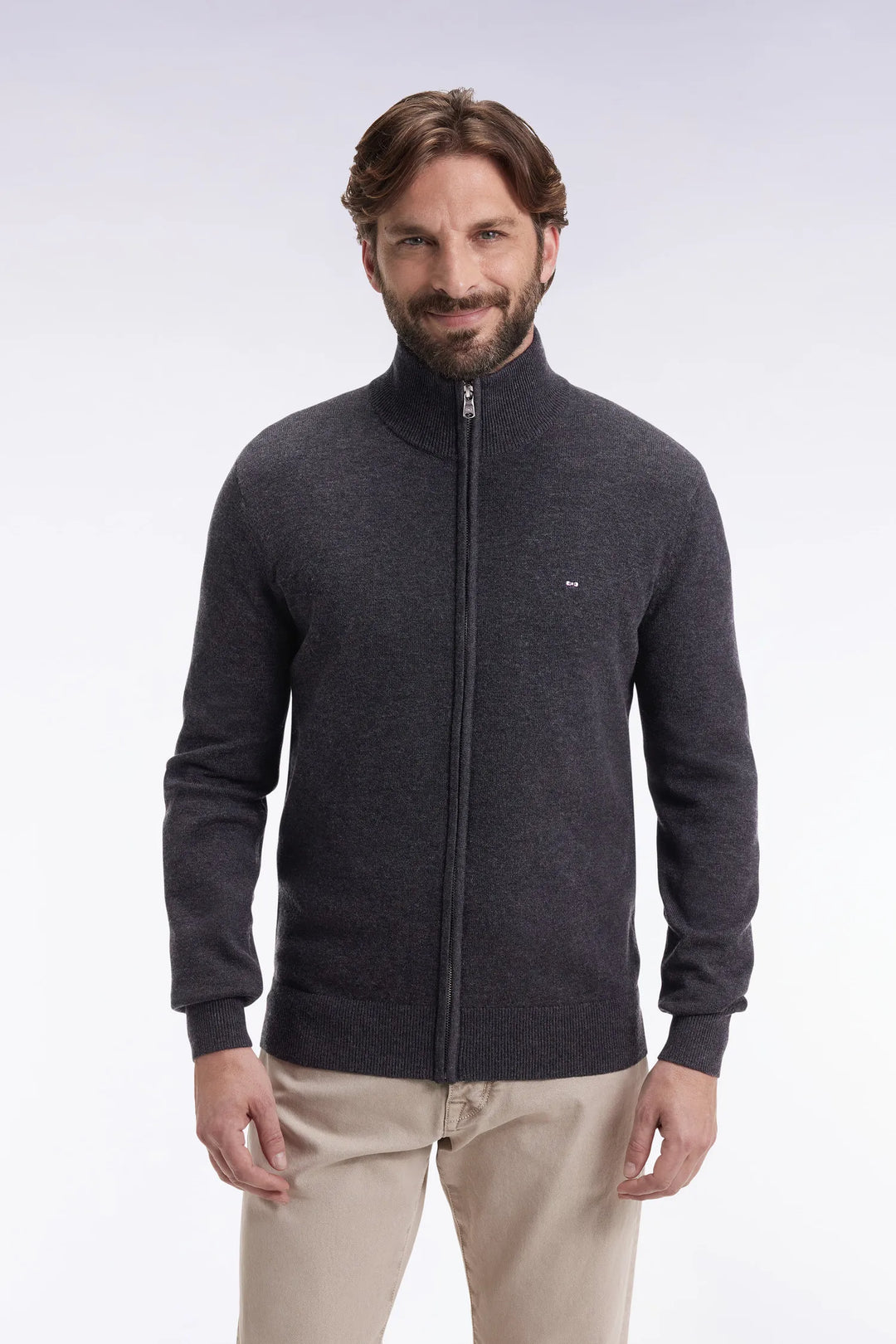 Straight Cut Dark Grey Wool and Cotton Zip-Up Cardigan