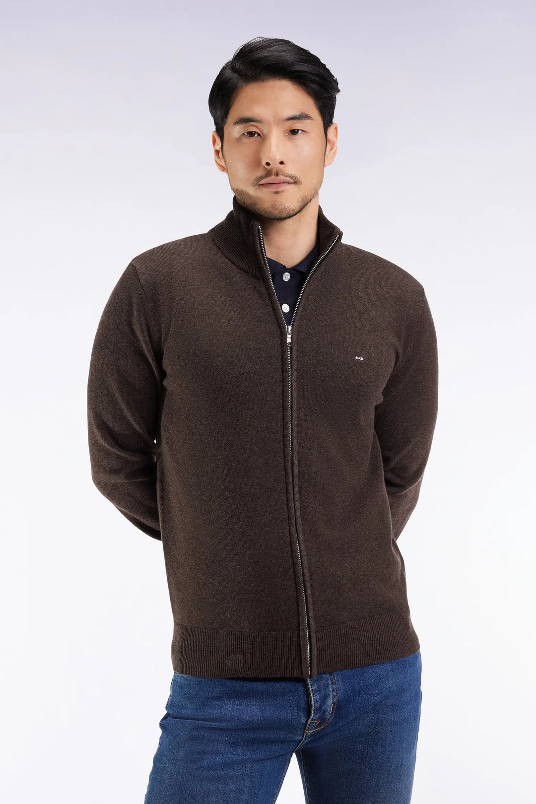 Brown Wool and Cotton Zip-Up Cardigan with a Straight Cut