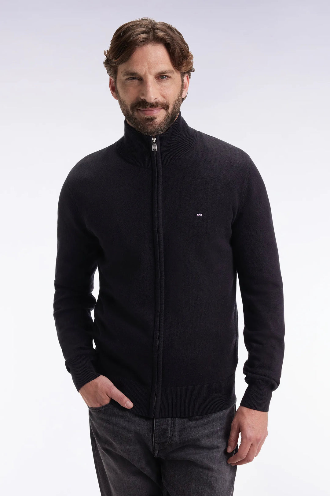 Straight Cut Black Wool and Cotton Zip-Up Cardigan